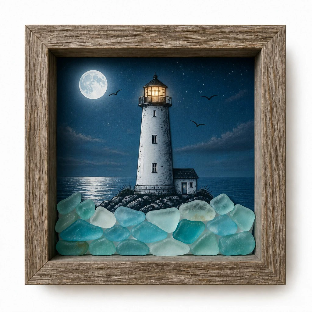 🌊Coastal Lighthouse Sea Glass Shadow Box Night Light