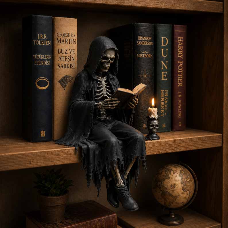 💀"This Is My Happy Place" Skeleton Bookshelf Decor
