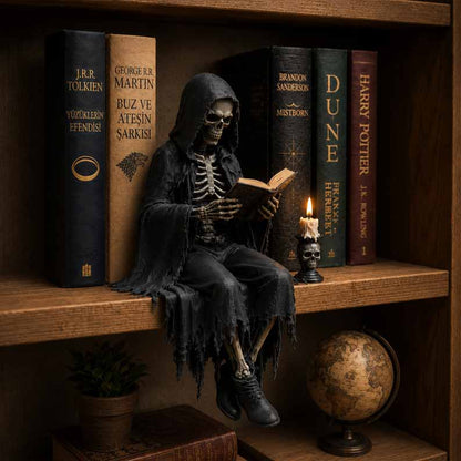 💀"This Is My Happy Place" Skeleton Bookshelf Decor