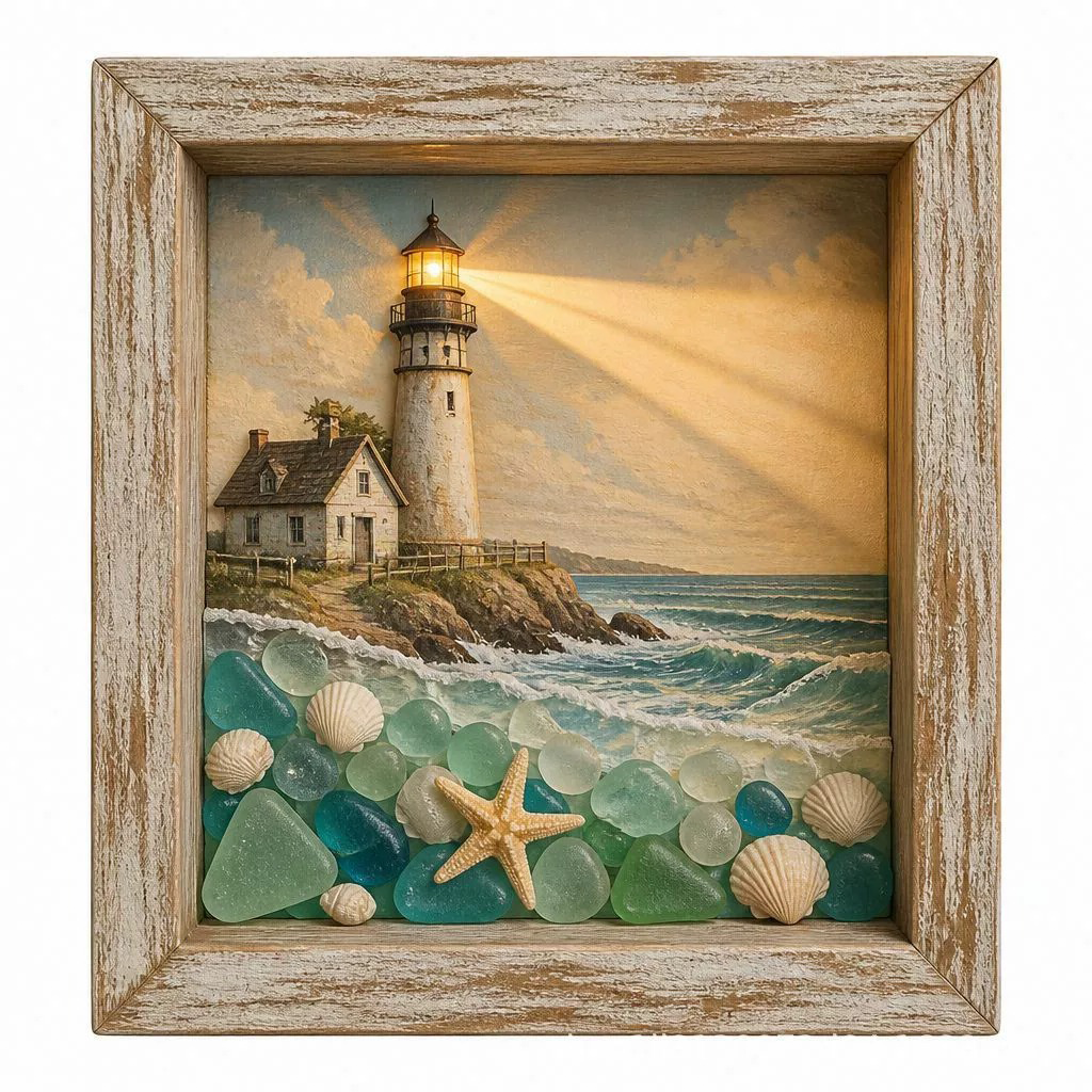 🌊Coastal Lighthouse Sea Glass Shadow Box Night Light