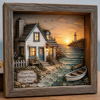 🌊Coastal Lighthouse Sea Glass Shadow Box Night Light