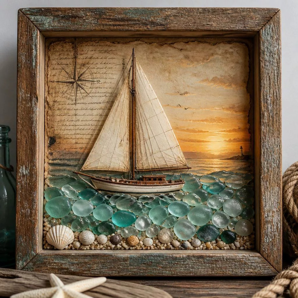 🌊Coastal Lighthouse Sea Glass Shadow Box Night Light