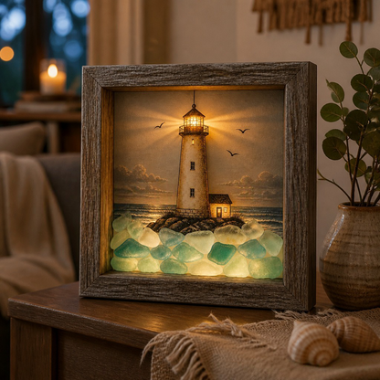 🌊Coastal Lighthouse Sea Glass Shadow Box Night Light