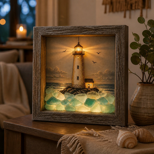 🌊Coastal Lighthouse Sea Glass Shadow Box Night Light
