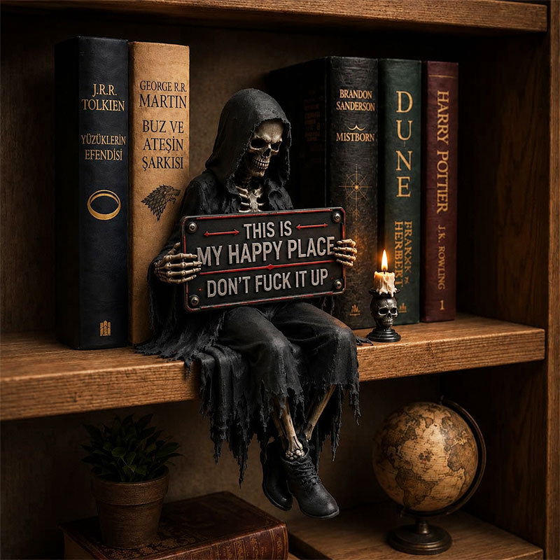 💀"This Is My Happy Place" Skeleton Bookshelf Decor