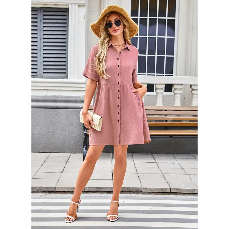 🔥Summer Flash Sale 50% OFF - AUSELILY Babydoll Dress for Women Short Sleeve Button Down Textured Non-clingy Loose Fit Flowy Mini Dress with Pockets 2026 New Summer Dress